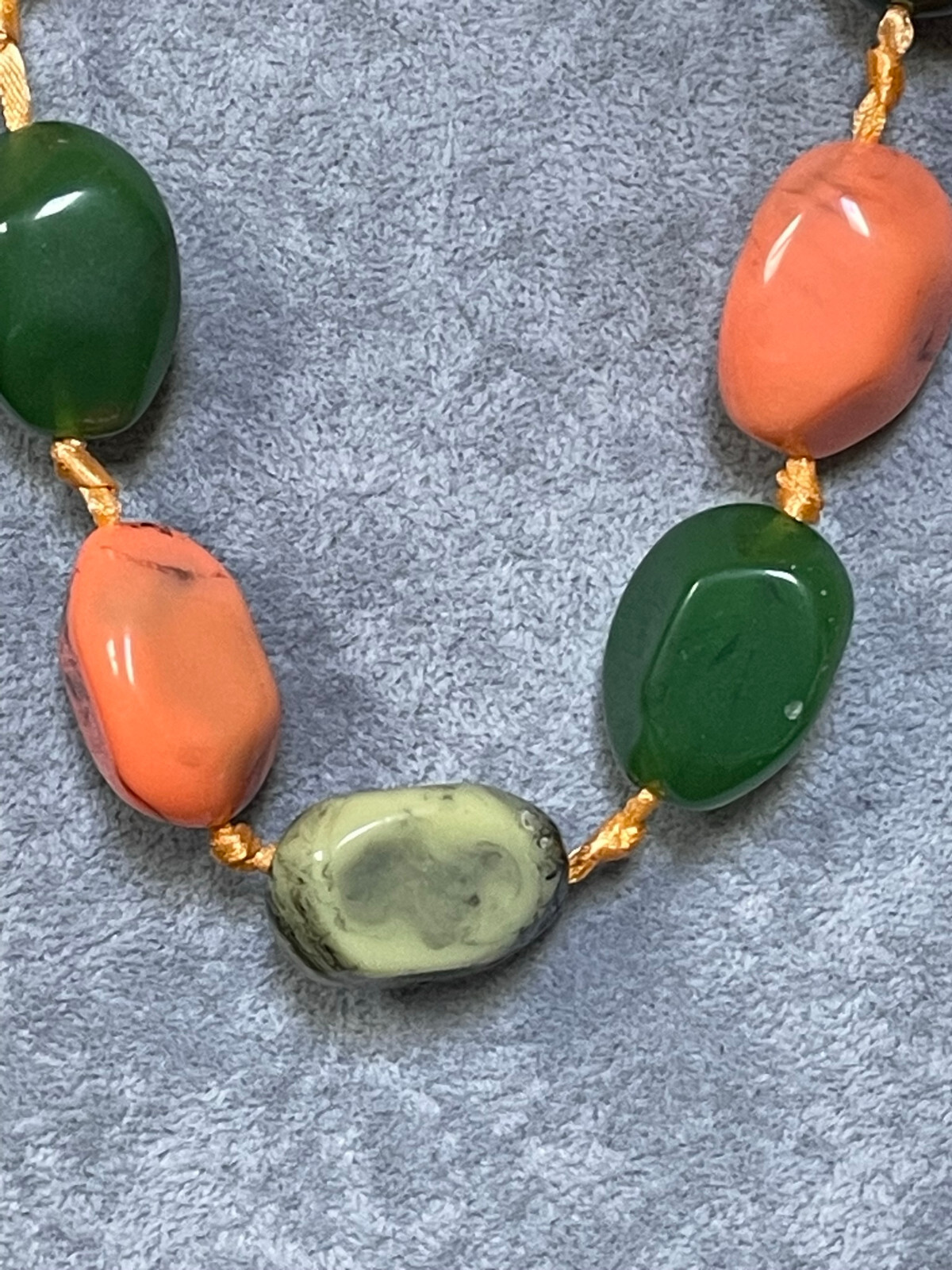Peach And Green Uneven Shape Lucite Bead Orange Ribbon Cord Necklace Earring