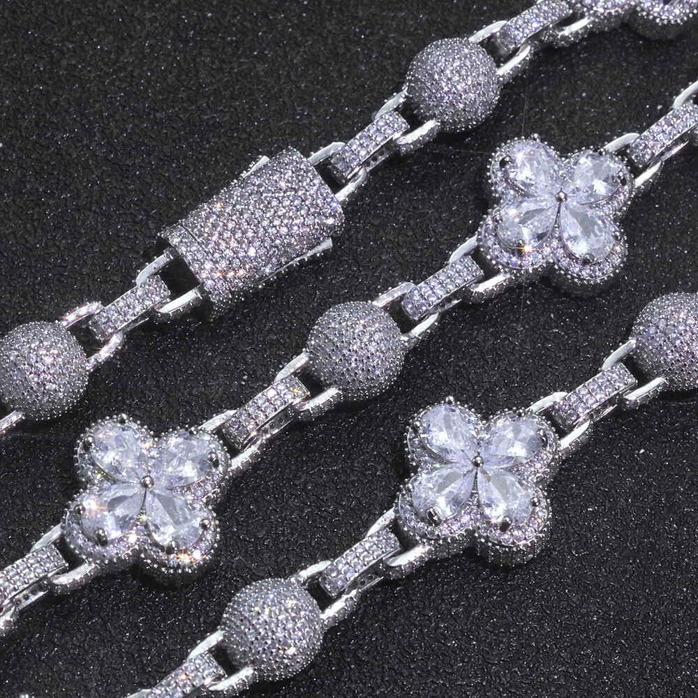 10mm Women’s Four-leaf Clover Iced CZ Out Tennis Chain Bracelet Men Gold Plated