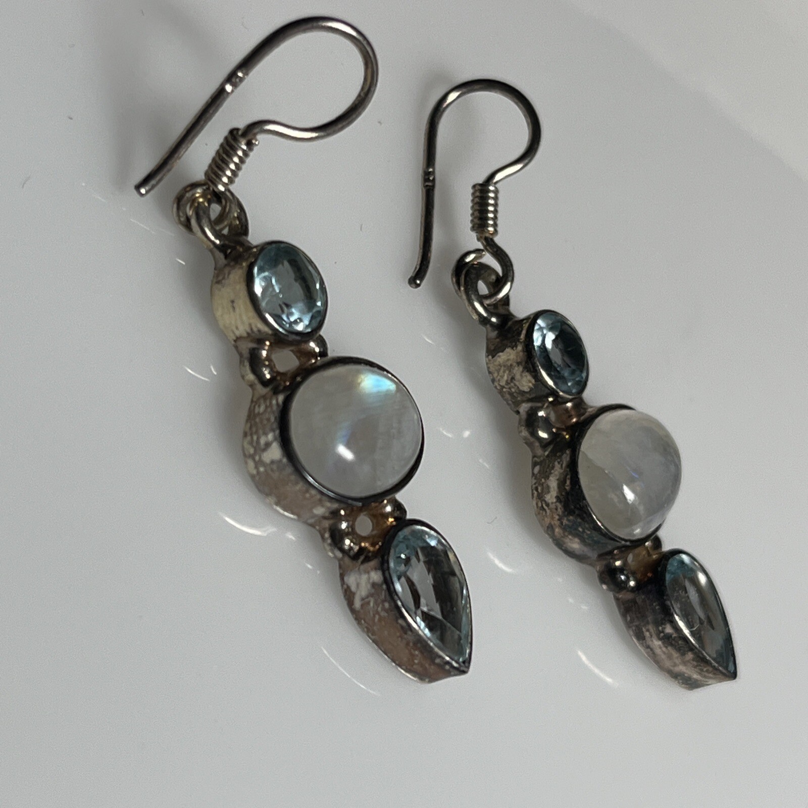 Moonstone and Faceted Blue Topaz 925 Sterling Silver 3-Gem Dangle Earrings 8a