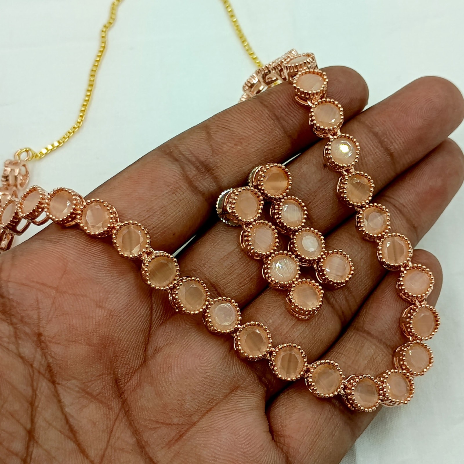 22K Gold Plated Peach Moonstone Bridal Necklace & Earrings Set India Jewelry