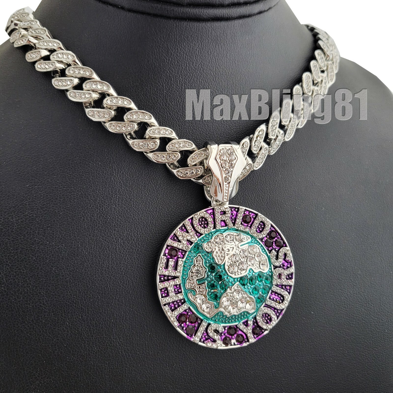 The World is Yours Pendant & 16″ 18″ 20″ 24″ Iced Cuban Box Lock Chain Necklace