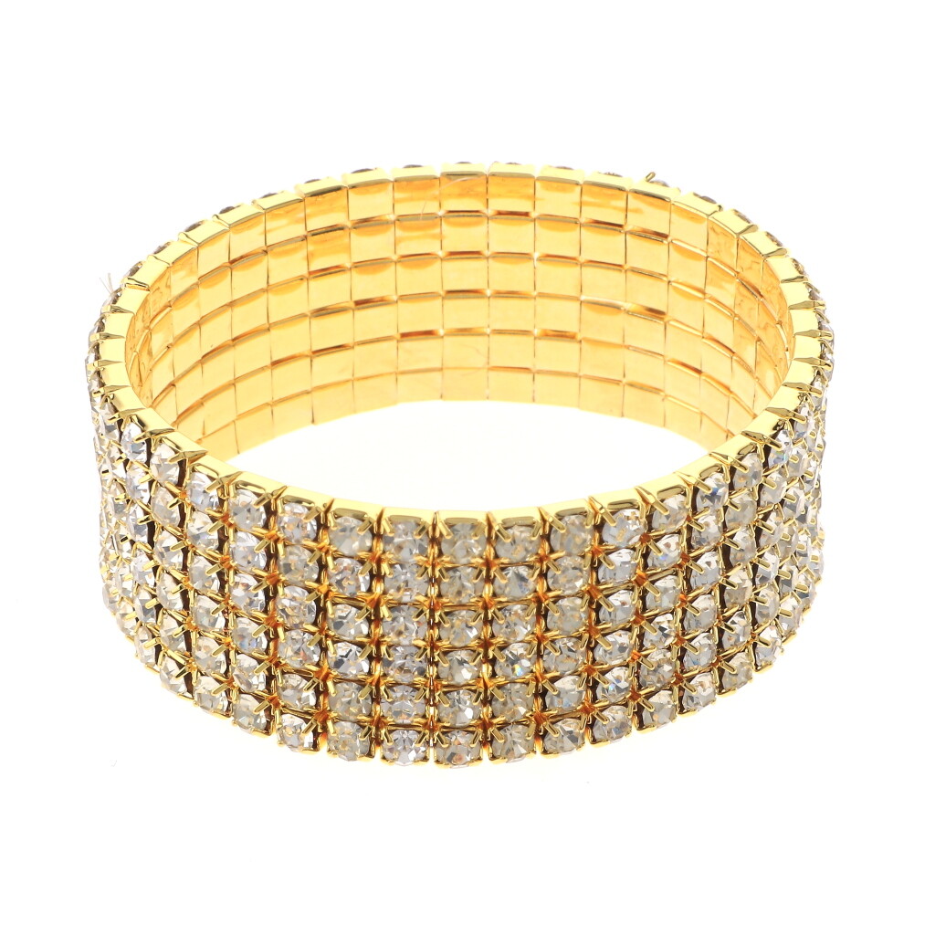 Gold Tone Metal Clear Rhinestone Stretch Bracelet B2838-GCRY