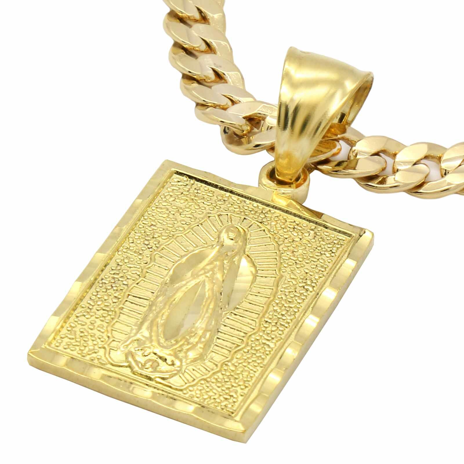 Mens 18k Gold Plated Brass Guadalupe Pendant 6mm 24″ Cuban Chain (L)