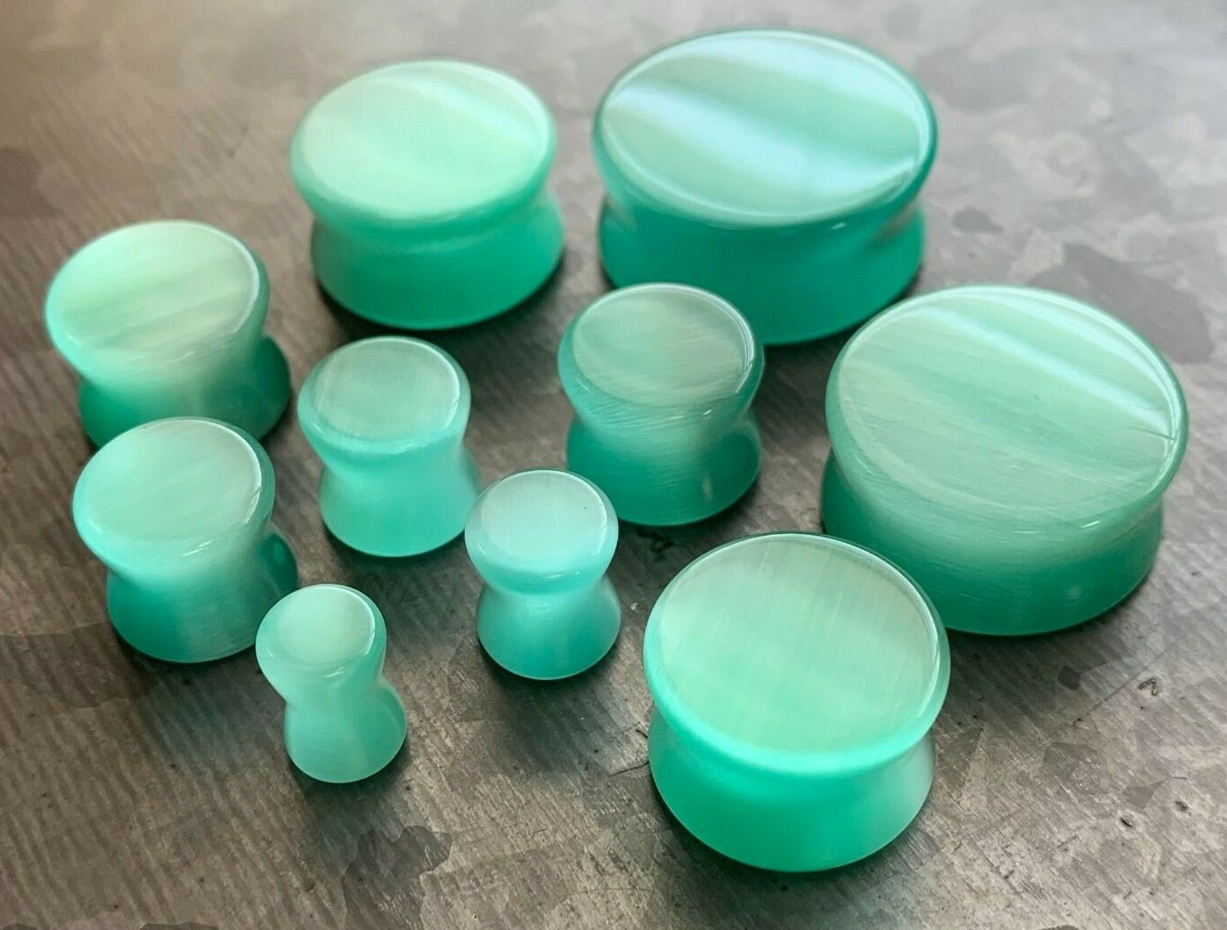 PAIR Sea Foam Green Cat Eye Stone Plugs Double Flare Gauges