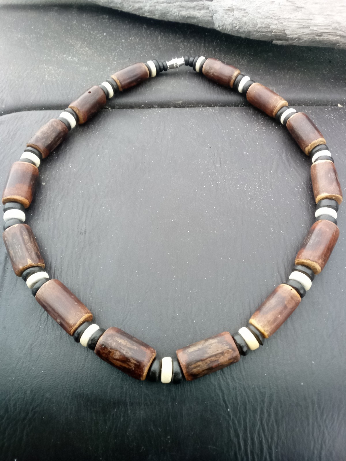 Beaded wood and bone necklace, brown black white, barrel clasp