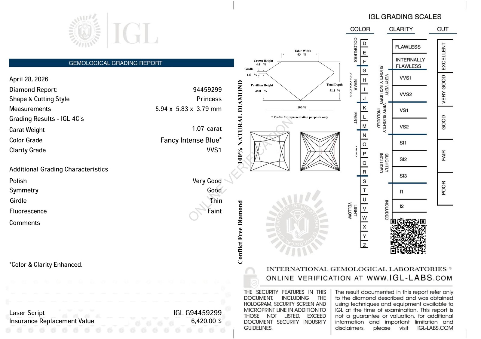 Cert 1.07 Carat Fancy Blue VVS1 Princess Natural Enhanced Diamond 5.94×5.83mm