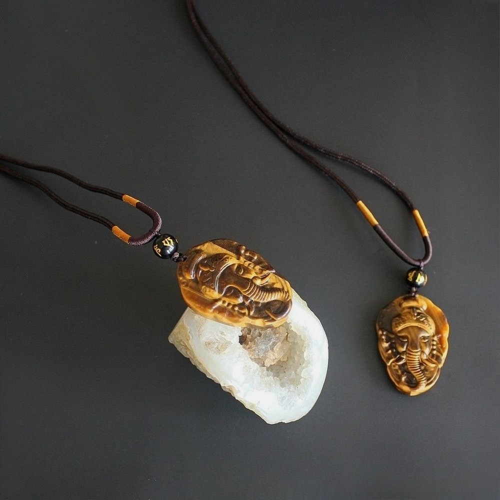 Natural crystal gemstone gold tiger eye Ganesha necklace pendant with rope chain