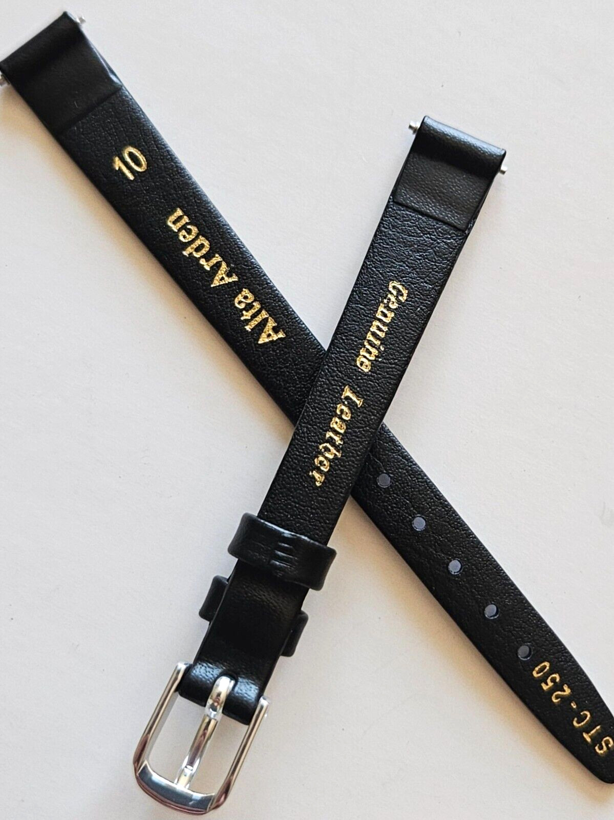 10mm – Black Genuine Leather Watch Band – ( Silver Buckle / Pins Included )