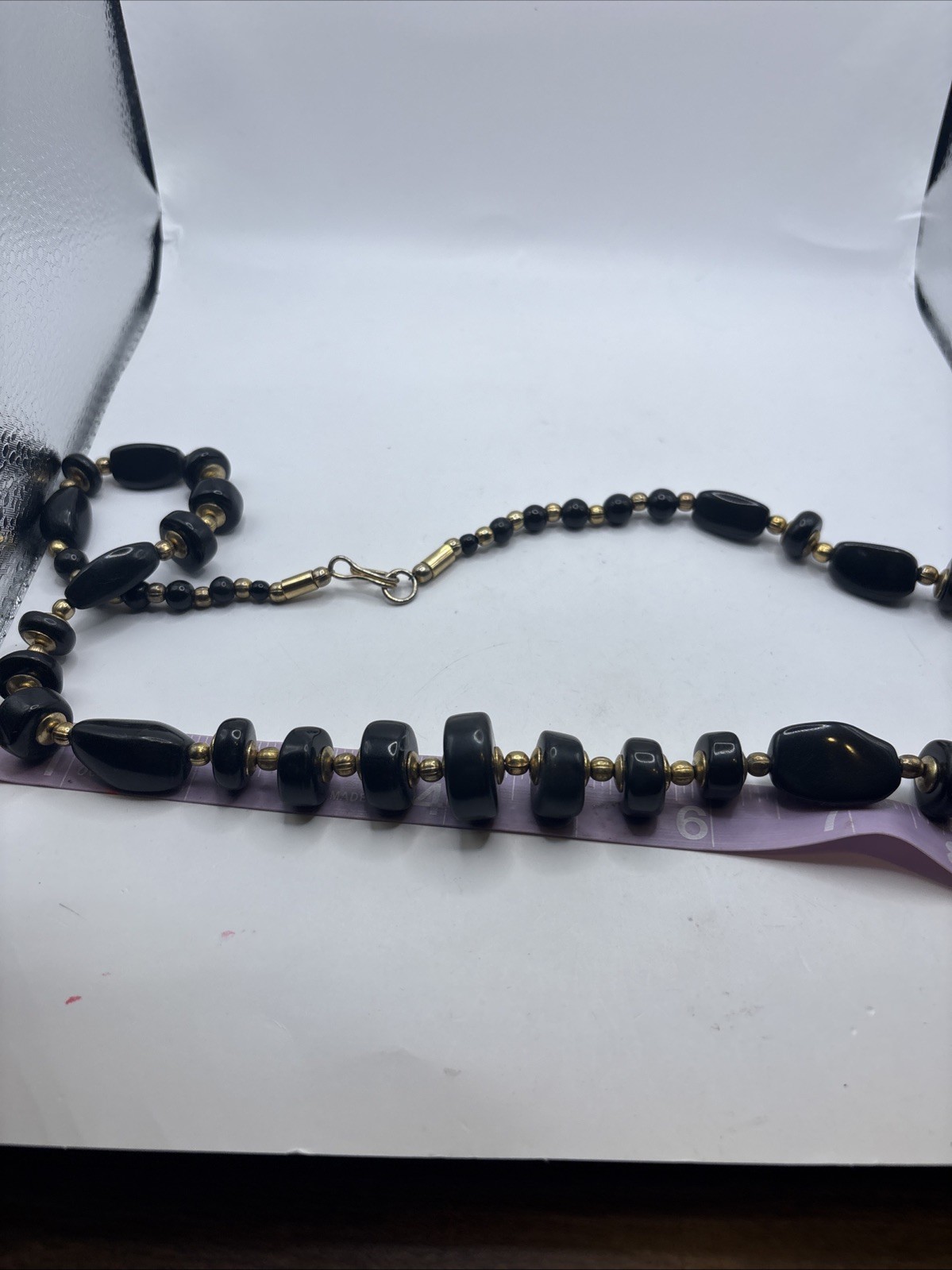 Vintage Black And Gold Toned Beaded Necklace Hook Clasp