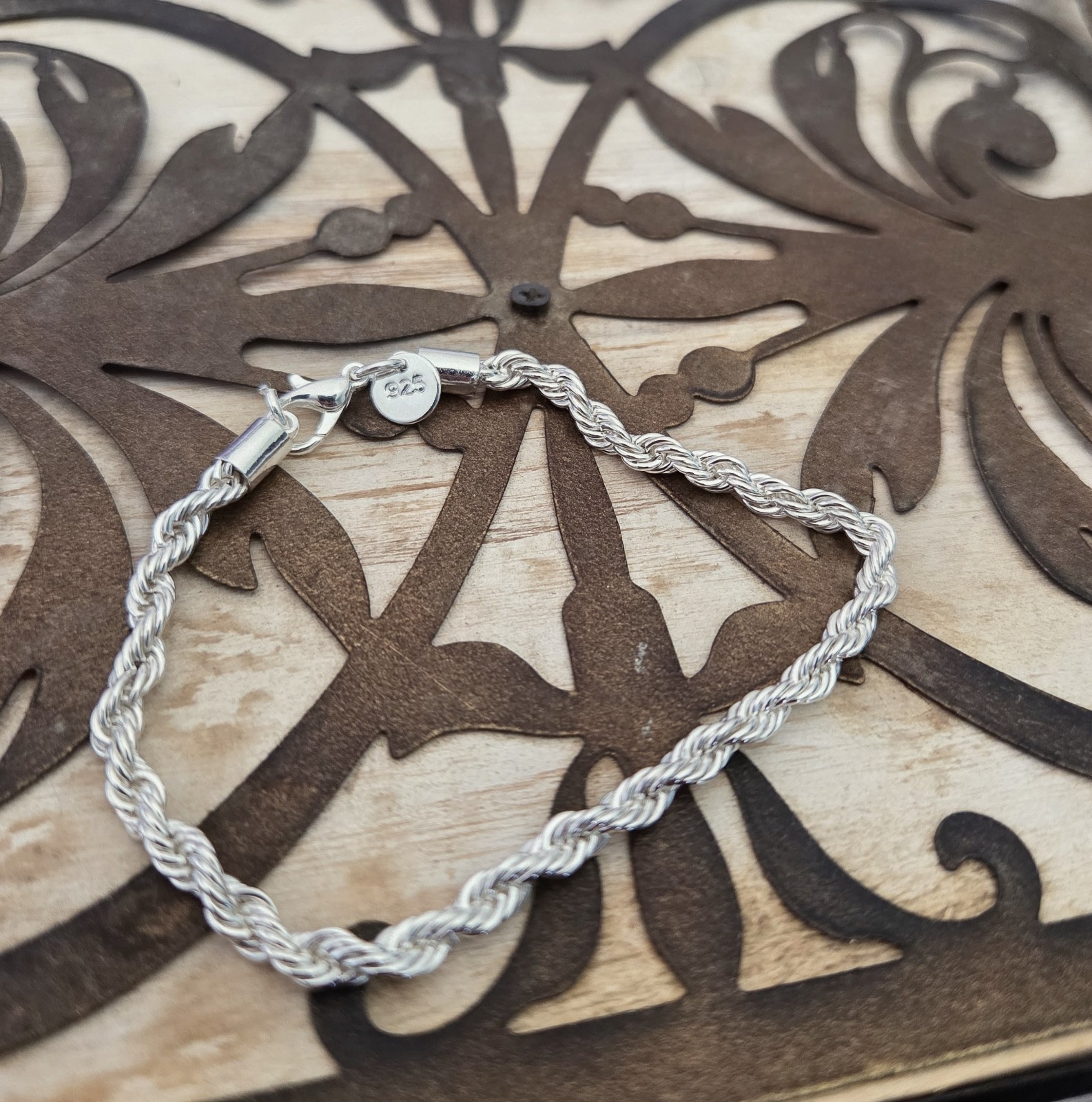 925 Sterling Silver Rope Chain Bracelet, Lobster Clasp Closure, Silver