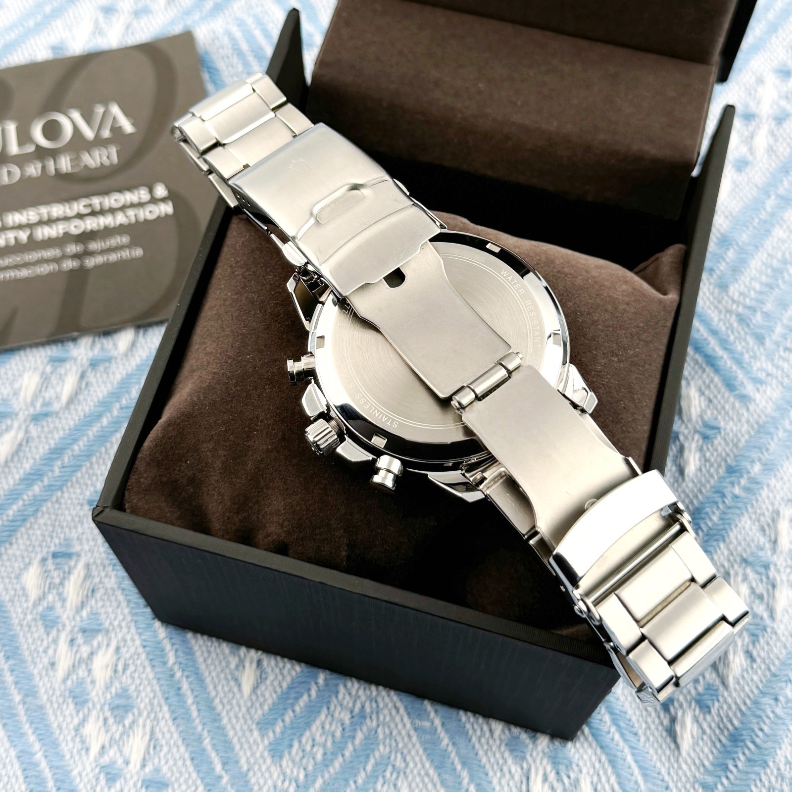 New Bulova Marine Star Chronograph SilverTone Men’s Watch Black Dial 45mm/96B272