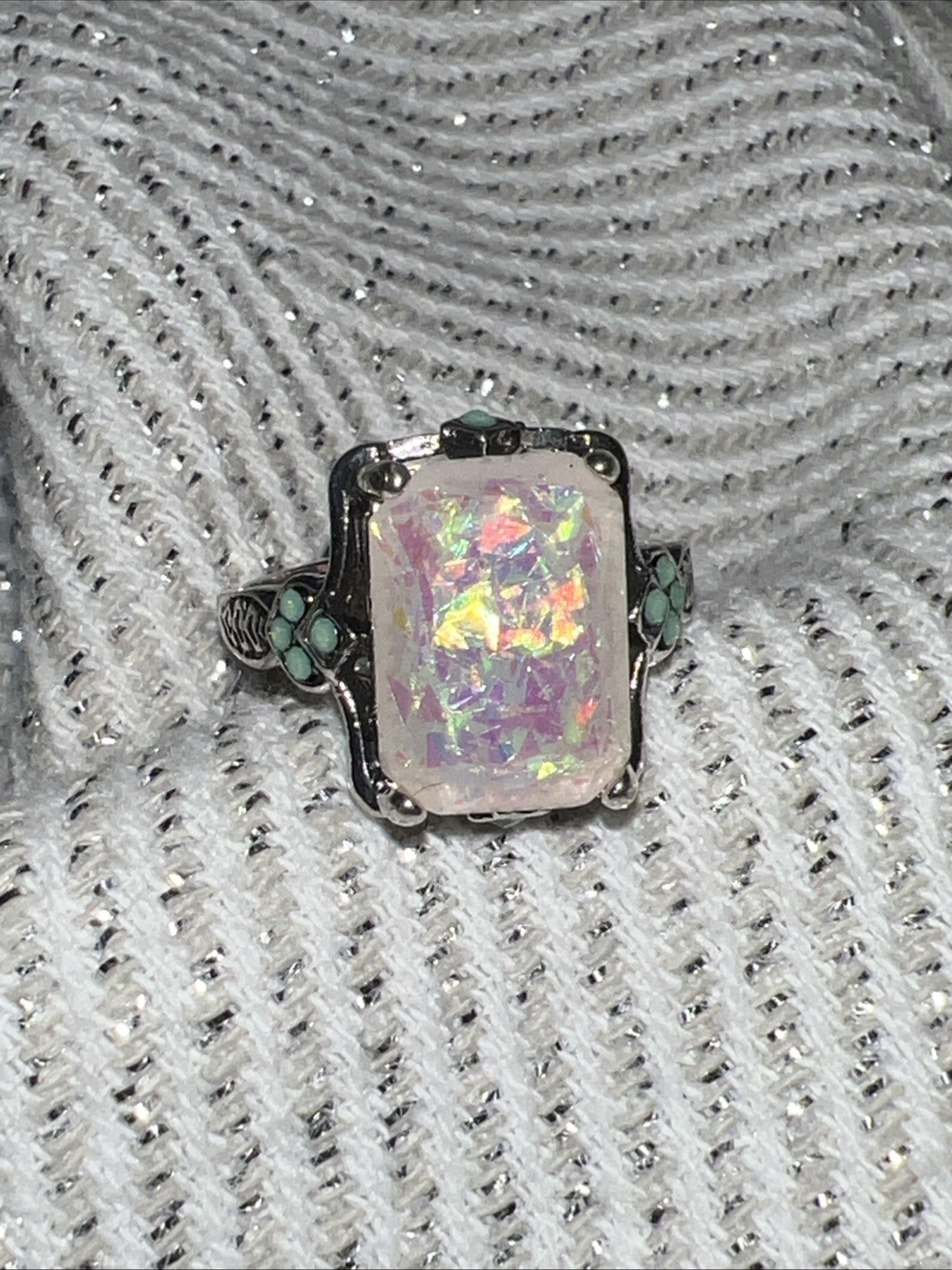 New Silver Ring With Opal Look Stone And Small Blue Stones -Costume Jewelry- 9