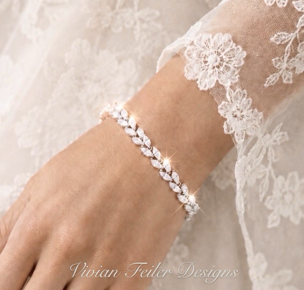 Bridal Tennis Bracelet Wedding Marquis Cut Leaf Vine CZ Silver, Gold, Rose Gold