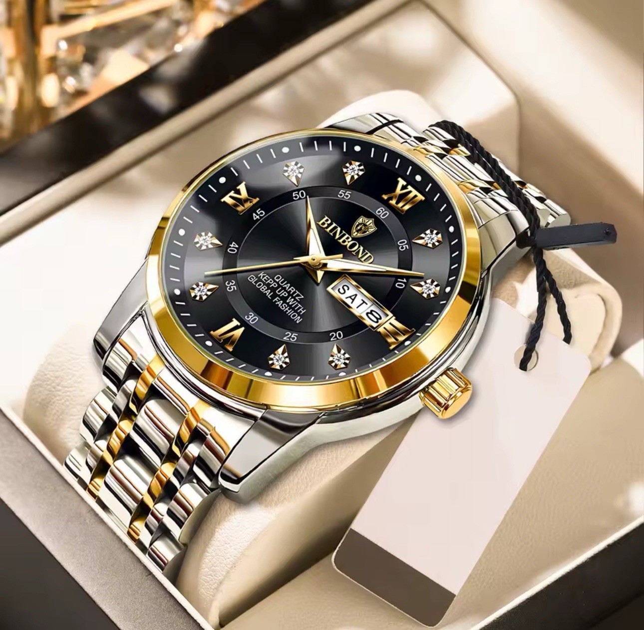 BINBOND Men’s Quartz Dress Watch Multi Dial Day/Date Stainless Steel Roman