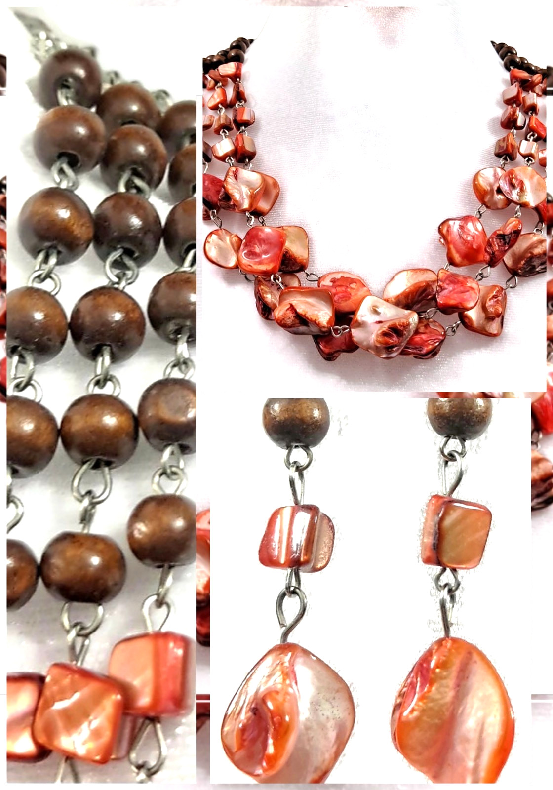 Iridescent Peach Mother of Pearl Shell 3-Strand Statement Necklace & Earring Set