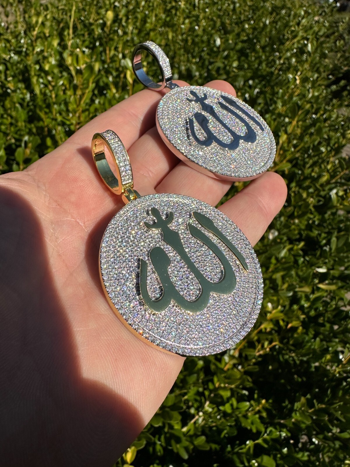 MOISSANITE Real 925 Silver / Gold Allah Medallion Arabic Necklace Pendant Iced