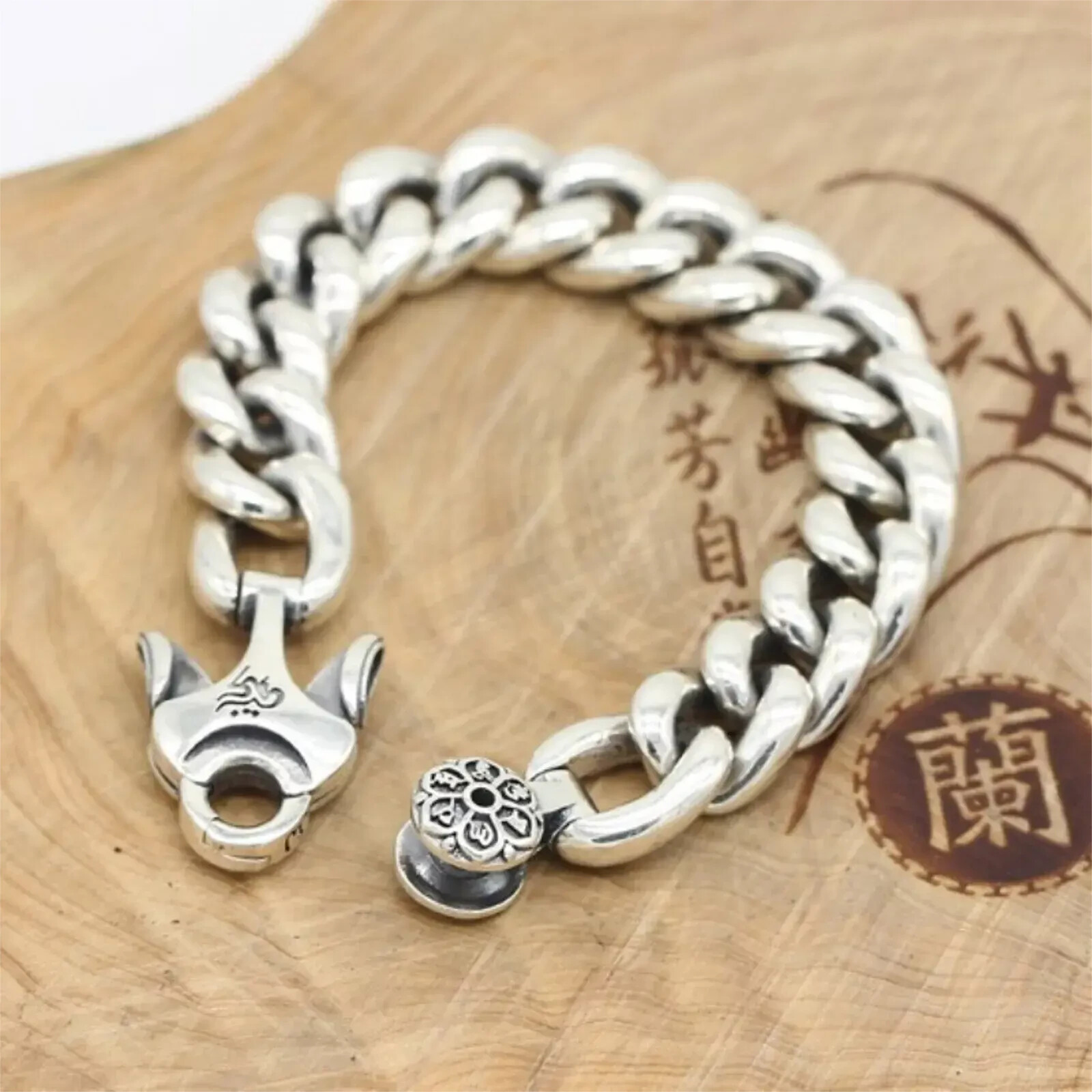 Solid 925 Sterling Silver Chain 14mm Mantra Curb Cuban Link Bracelet 114g/8.6in