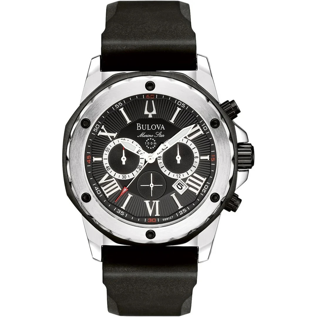 Bulova 98B127 Marine Star Chronograph Black Dial Black Rubber Strap For Watch