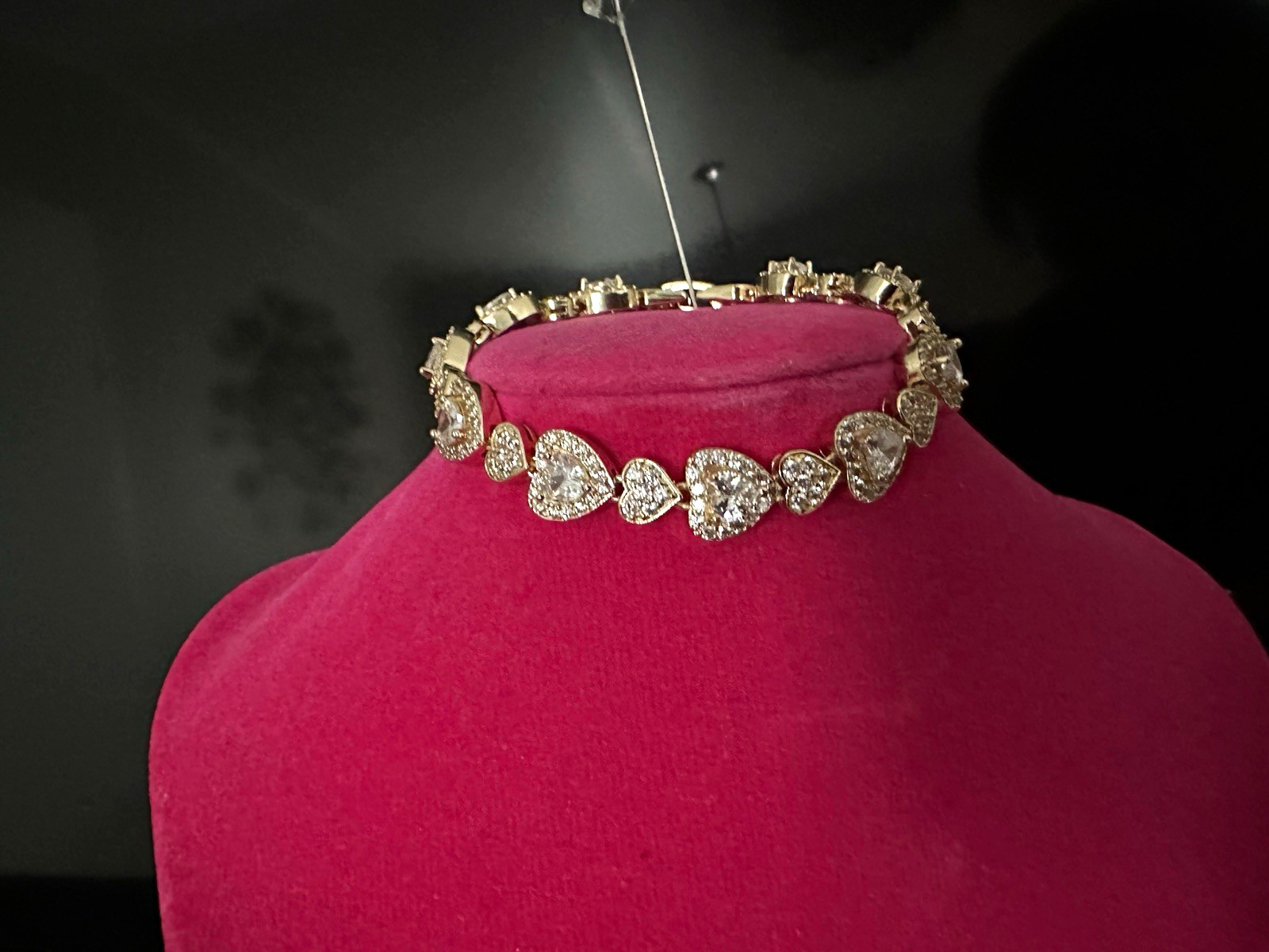 Gold Tone Heart Link Tennis Bracelet White Simulated Rhinestones Lobster Clasp