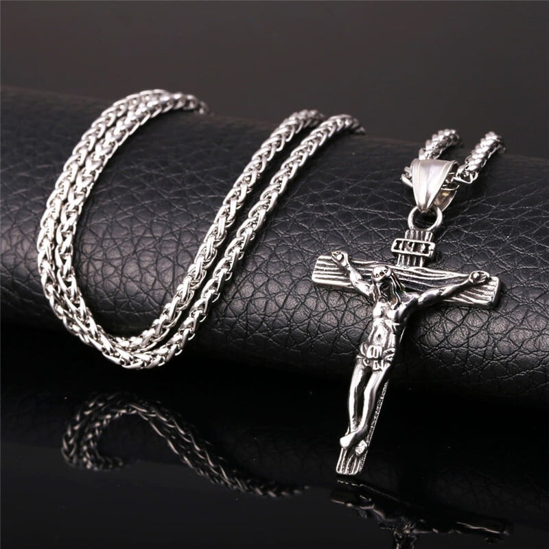 Mens Silver Stainless Steel Jesus Christ Crucifix Cross, Necklace Chain 24″