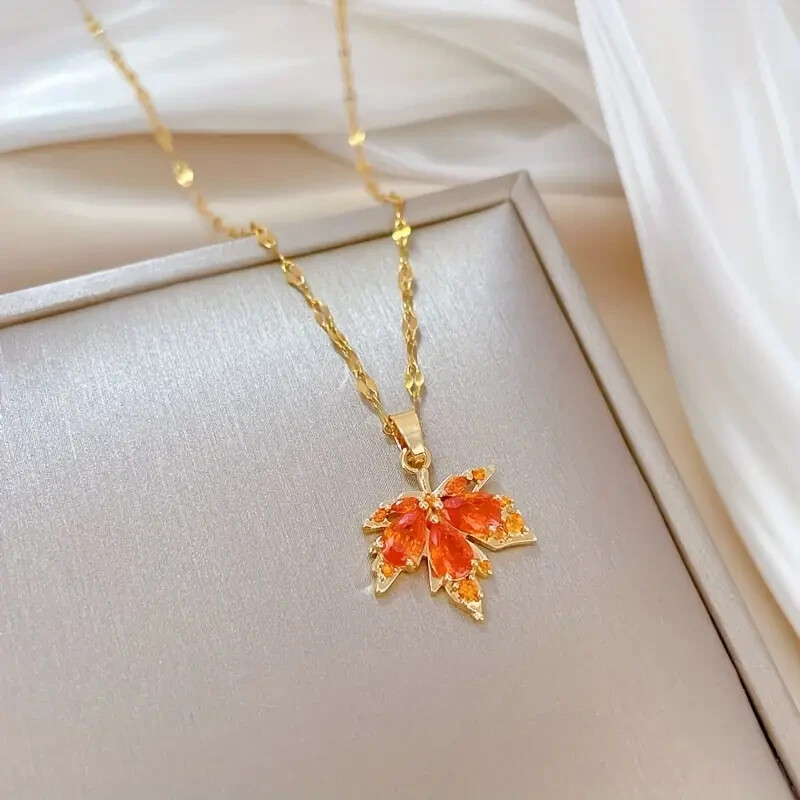 Stunning Red Maple Leaf Pendant Necklace – Elegant Simple Delicate Jewelry