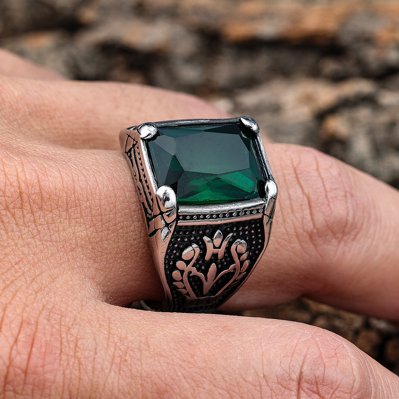Mens Green Black Blue Red CZ Aquamarine Square Stone Ring Size 7-15 Gift