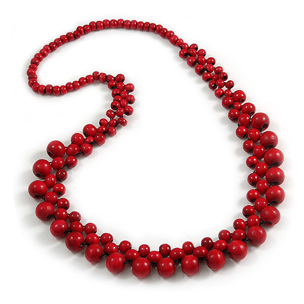 Long Cherry Red Cluster Wood Beaded Necklace – 82cm Long