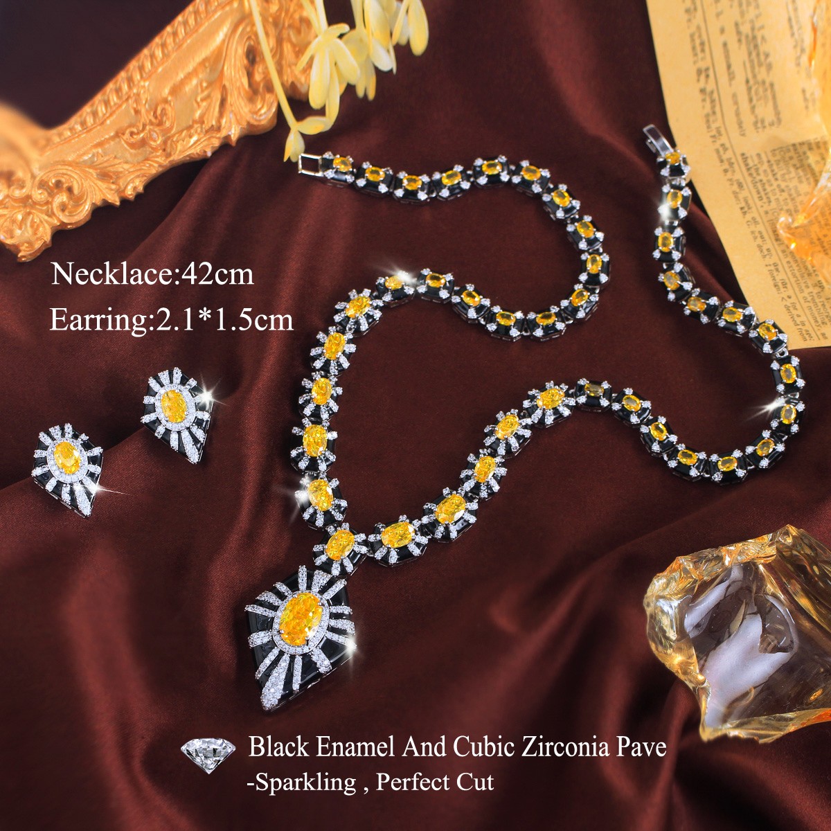 Women Silver Plated Yellow Zirconia Pentagon Earrings Necklace Party Jewelry Set