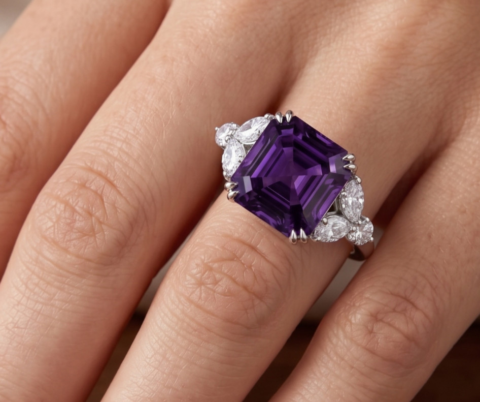 RARE 5.30 Ct Certified Asscher Cut Purple Natural Diamond Ring White Gold Finish