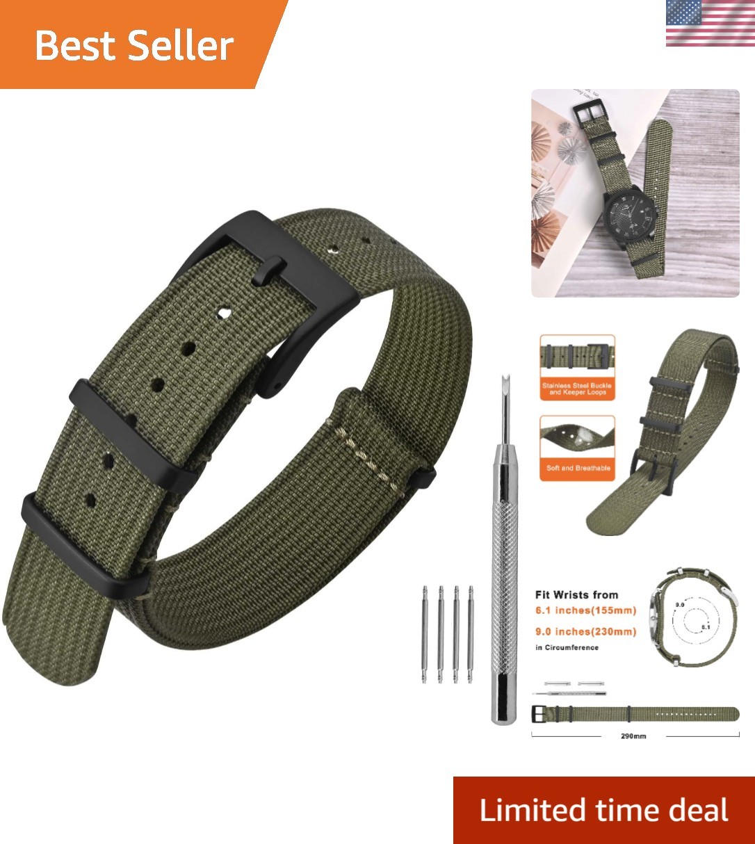 Lightweight & Breathable Nylon Watch Strap – Sizes 16mm to 22mm – Quick Install