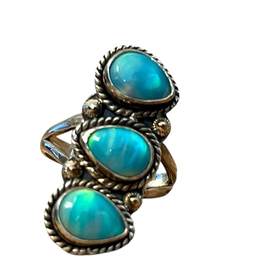 Blue Triple Stacked Aurora Opal Ring One Size Gemstone 925 Sterling Silver New