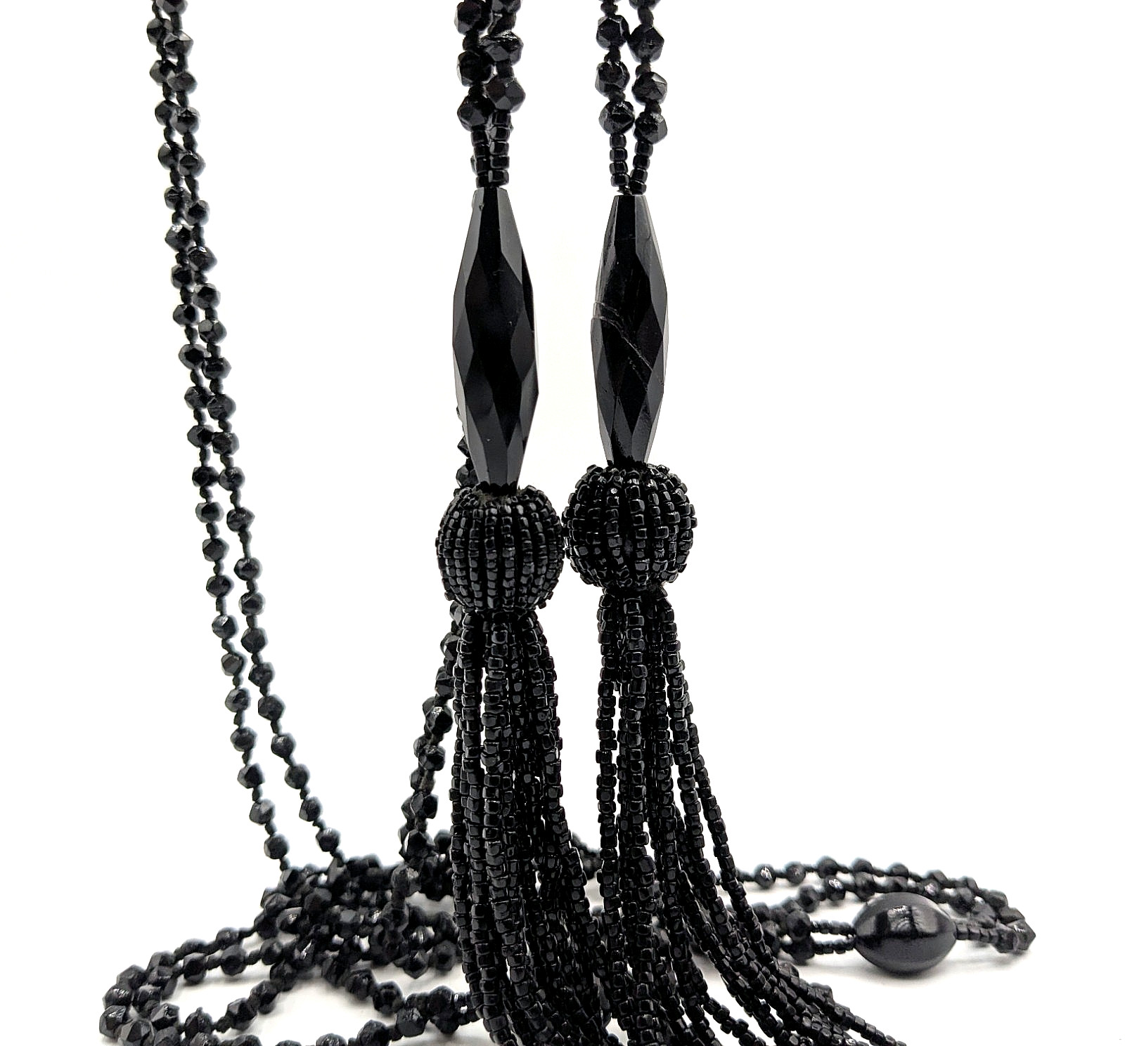 Antique Art Deco French Jet Black Glass Sautoir Open End Tassel Flapper Necklace