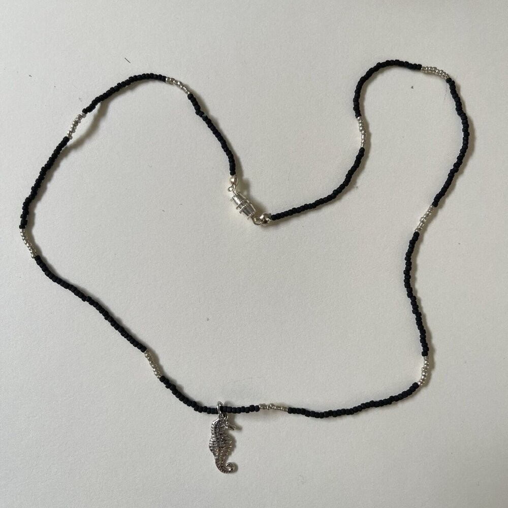 Handmade Necklace Silver Tone Sea Horse Black Bead Dainty Nautical Beach Gift