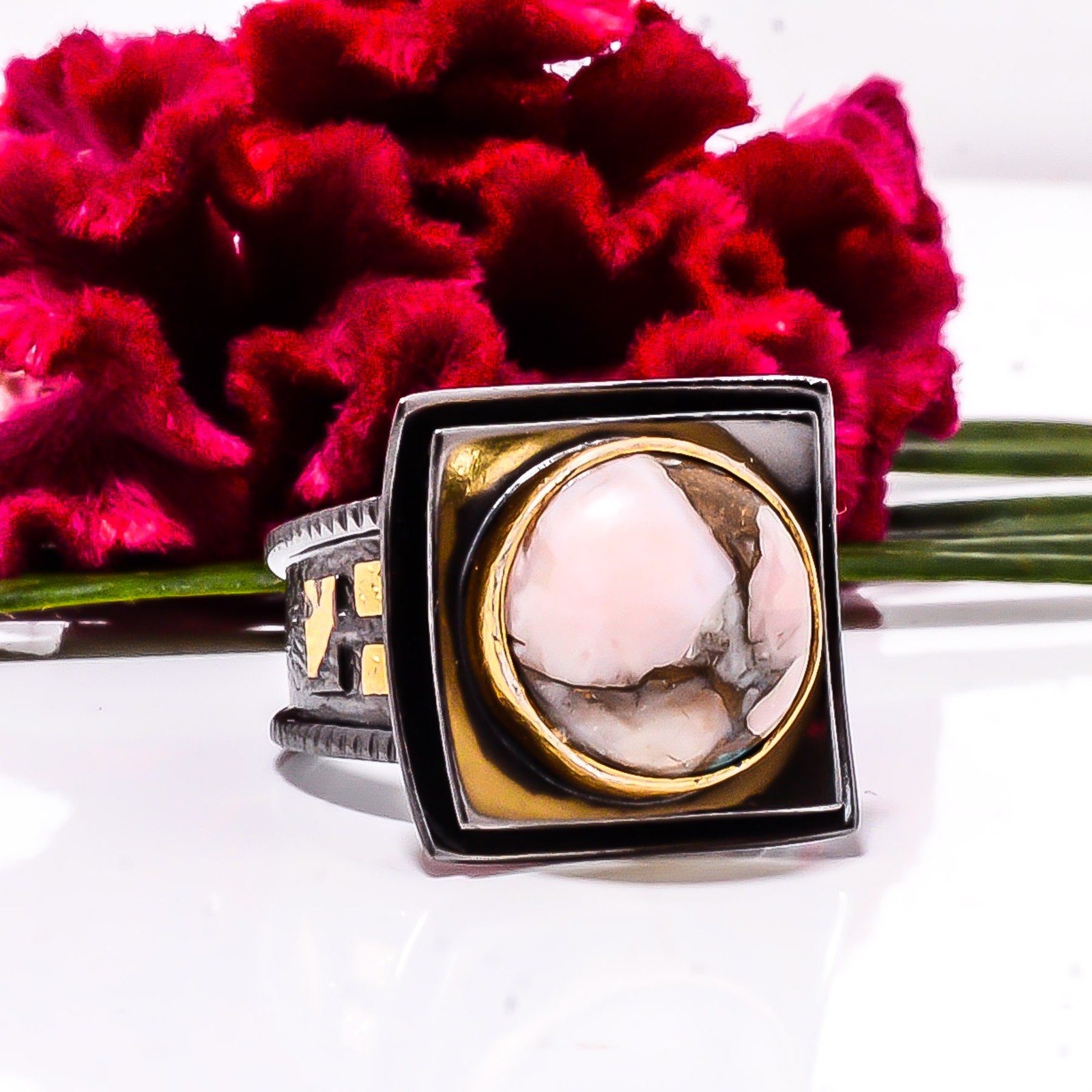 Copper Pink Opal – Peru Black And Gold Plated 925 Sterling Silver Ring s.8 Sku56