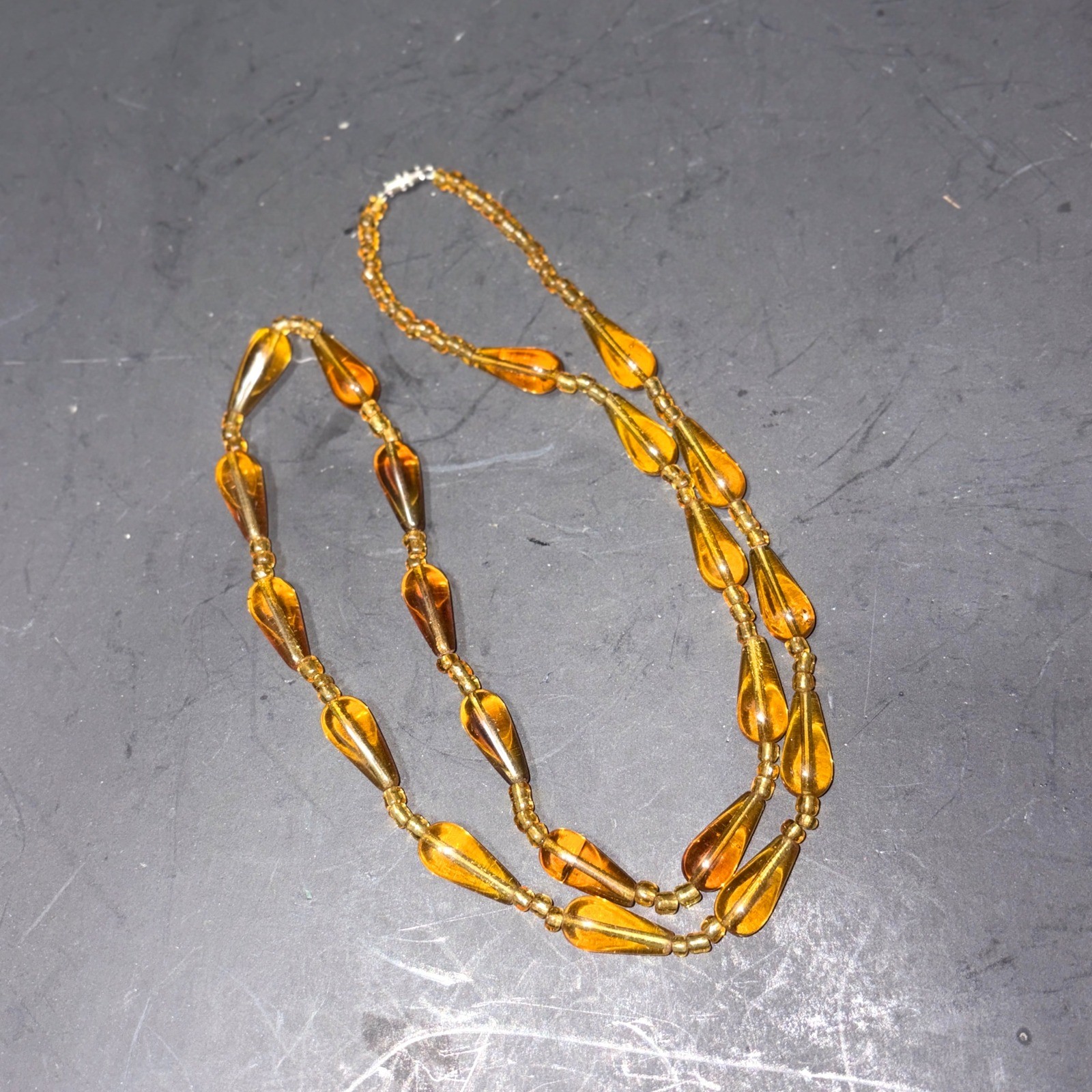 Vtg Amber Glass Teardrop Bead Necklace Yellow Honey Translucent 26″