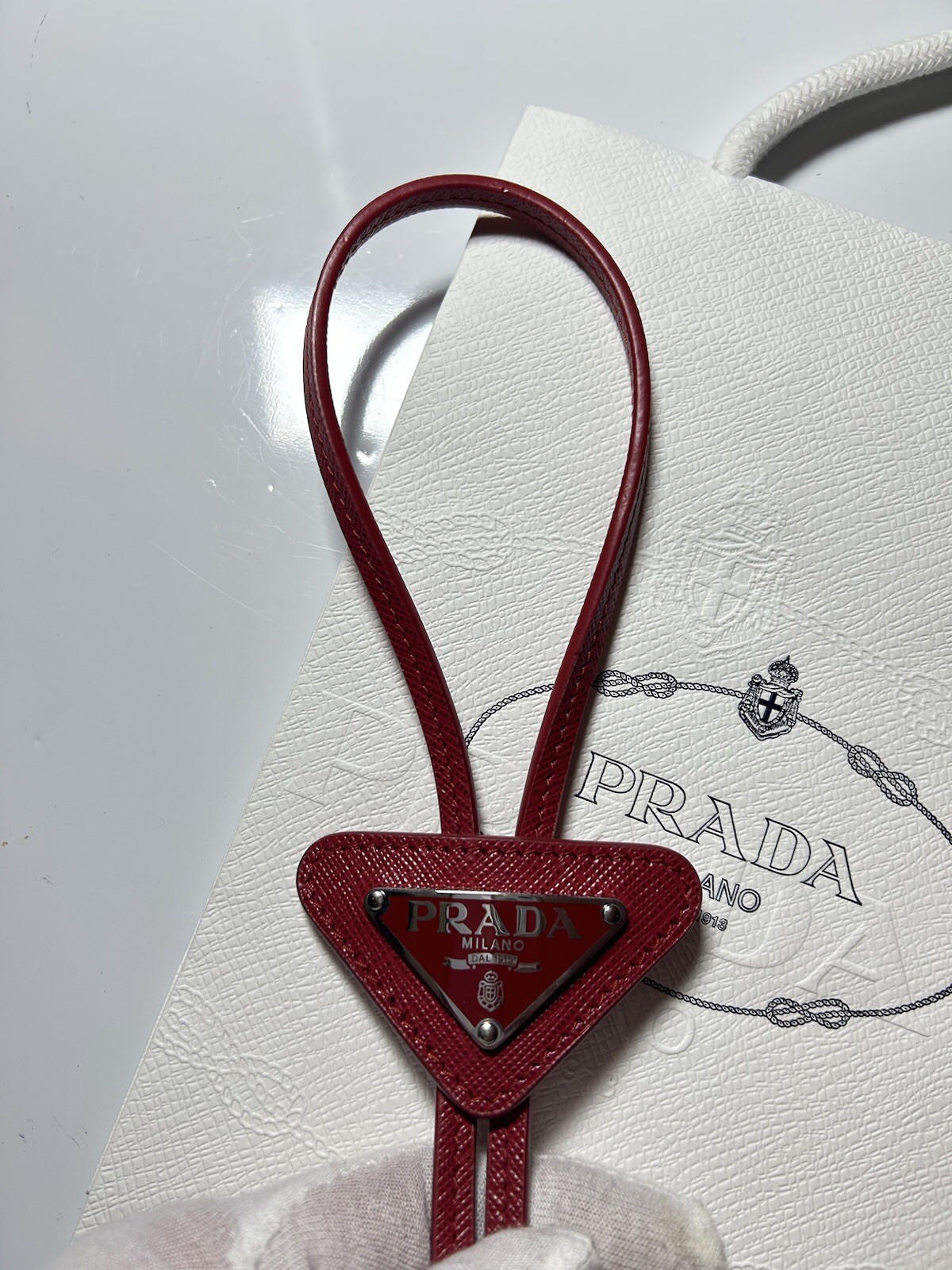 PRADA Saffiano Leather Bolo Neck Tie Triangle Logo Tech Adjustable Red Q9