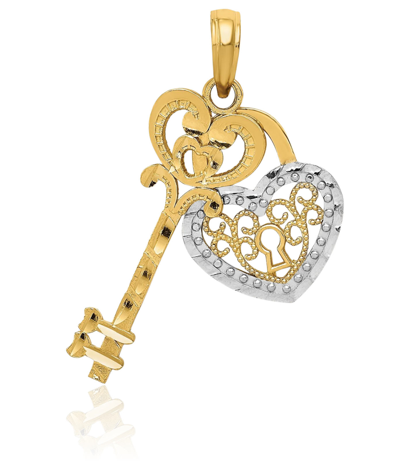 14K Solid Yellow Gold Large Filigree Heart Key Lock Pendant Necklace 26mm