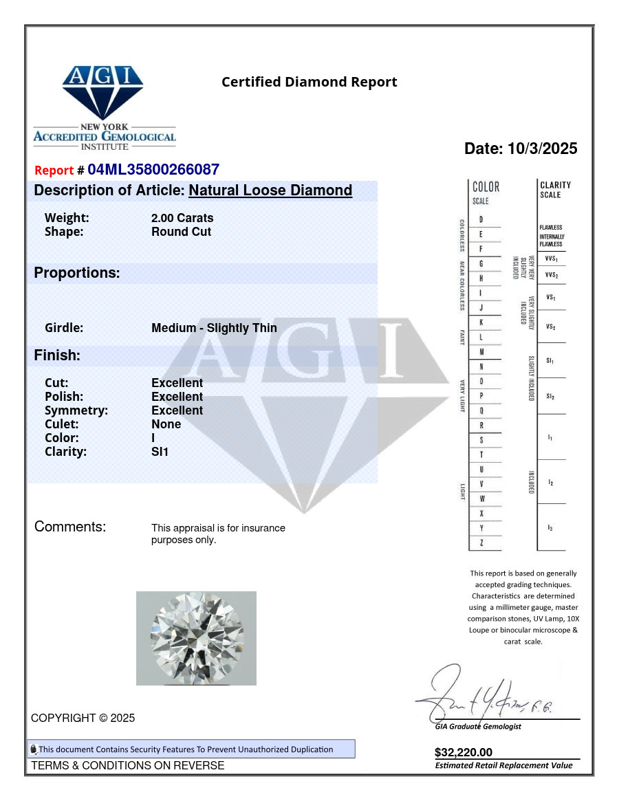 Round 2 Carat Certificate AGI Natural Mined Diamond Loose I color SI1 clarity