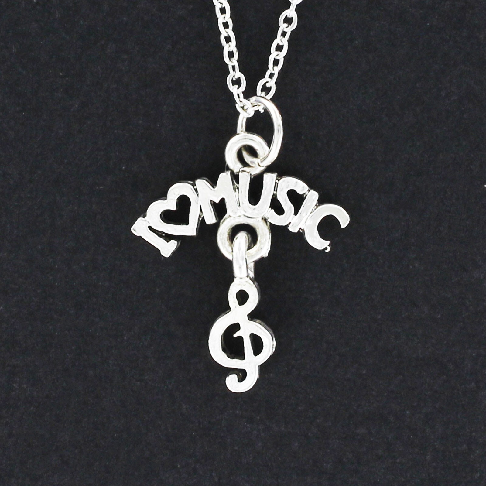 I HEART MUSIC Necklace on Chain – Pewter Treble Clef Love Dangle Link Musician