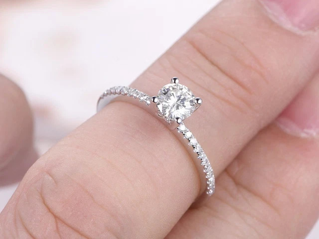Solitaire with Accents Ring 1.30ct Round Lab Grown Diamond 14k White Gold Plated