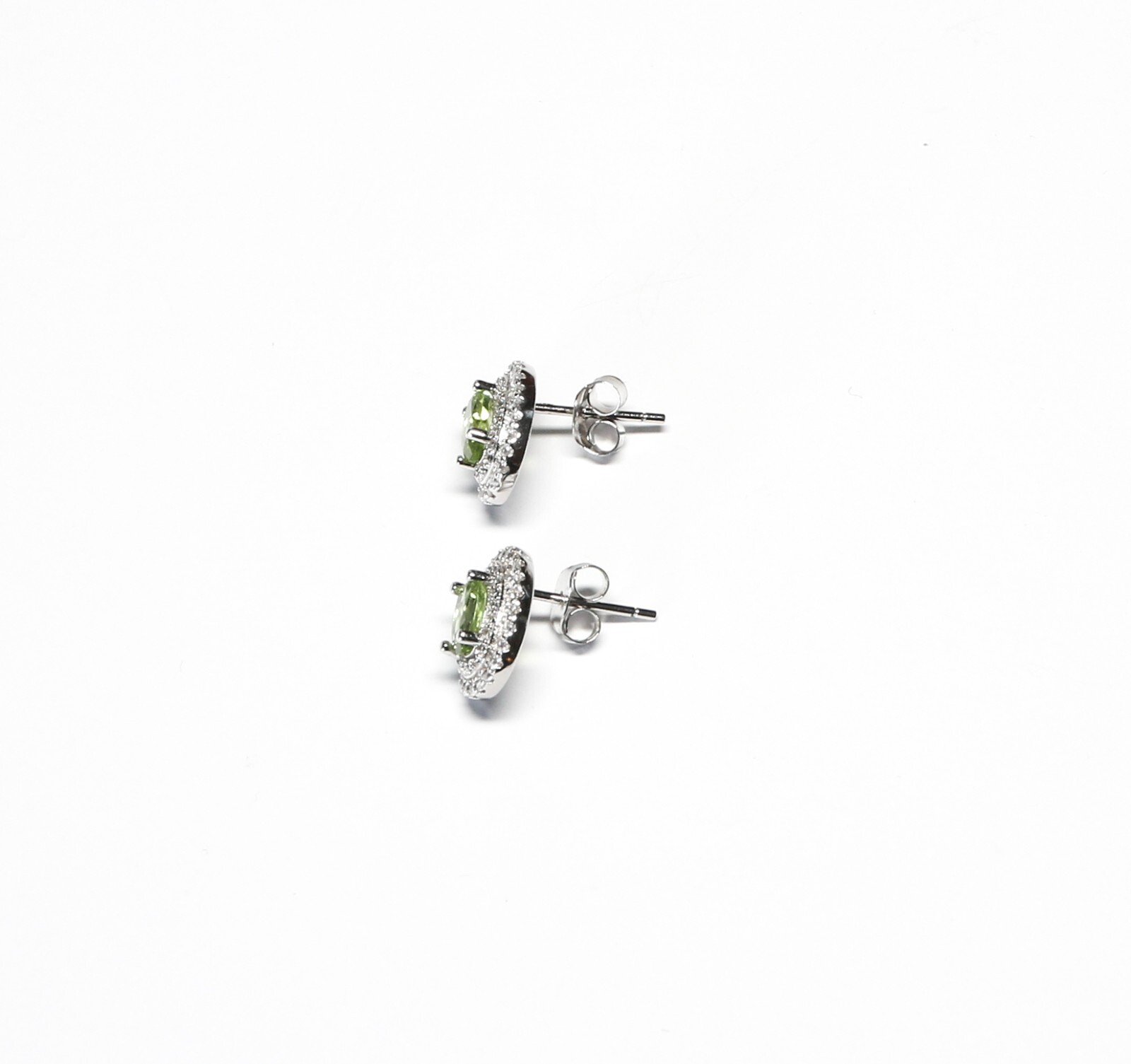 Sterling Silver Oval Cut Natural Peridot & CZ Pierced Earrings 11.35mm x 9.5mm