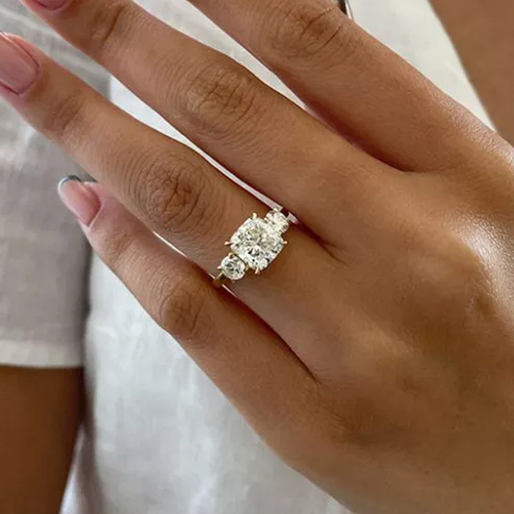 4.76 TCW Cushion Cut Moissanite 3-Stone Engagement Ring In 14K Solid Yellow Gold