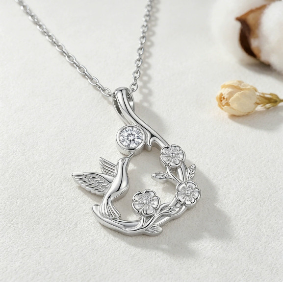 Hummingbird Floral Pendant Necklace Inlaid Zircon Silver Cable Chain for Women