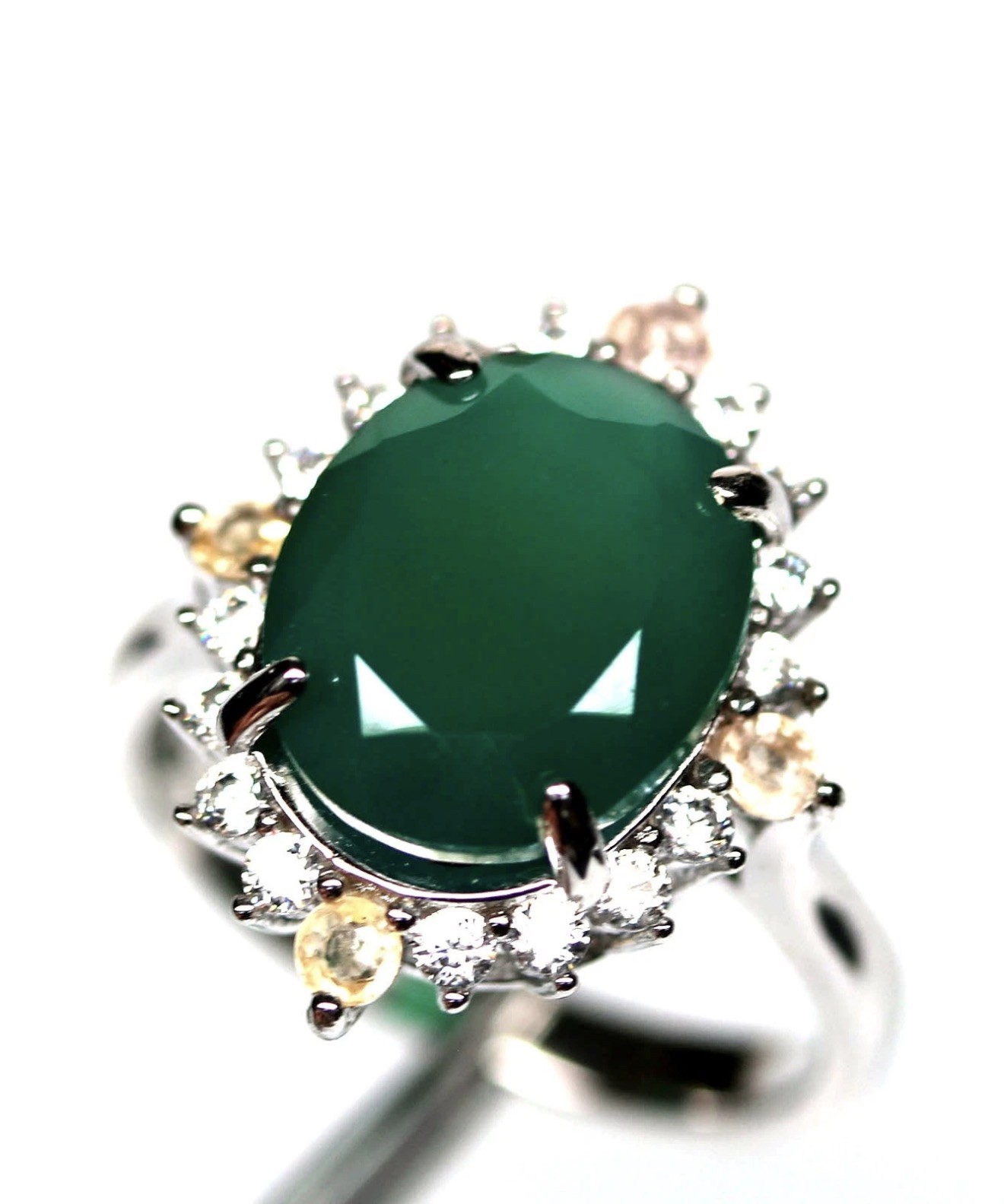 Stunning Natural Green Agate 4CT Sapphire & Zircon 925 Sterling Silver Ring Sz 6
