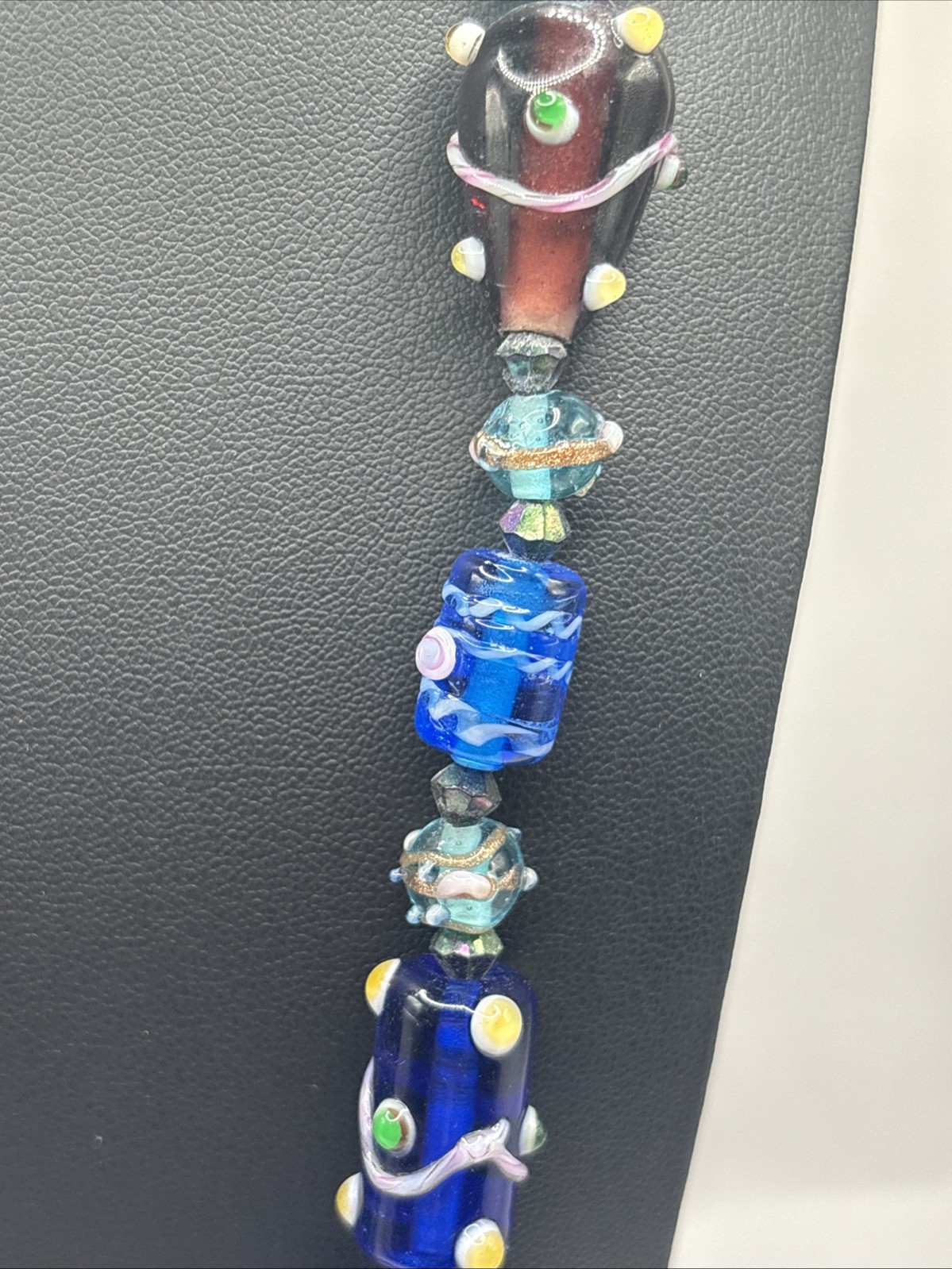 Vintage Artisan Lampwork Glass Beaded Necklace Cobalt Blue Turquoise Copper Tone