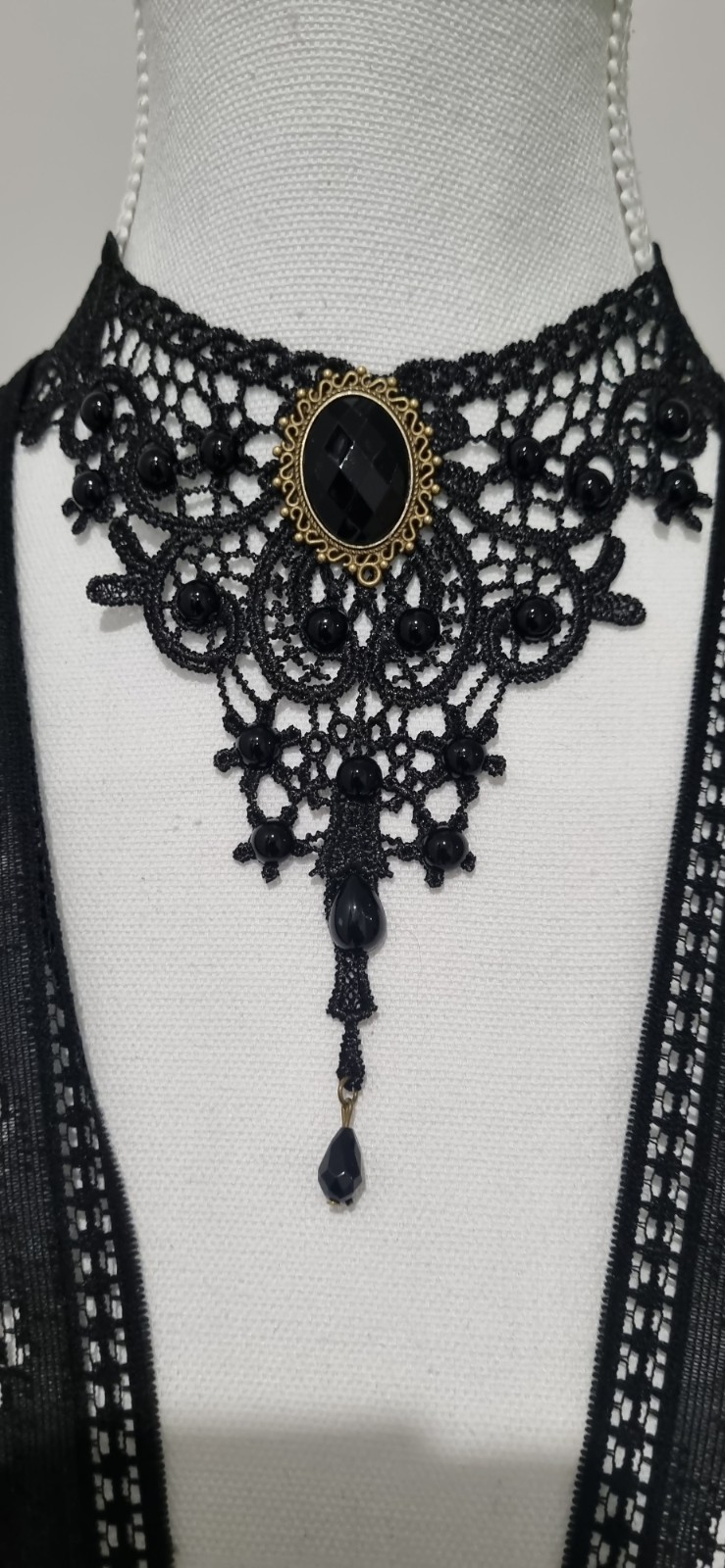 Black Lace Choker Necklace Oval Bezel-Set Pendant with Drop Dangle