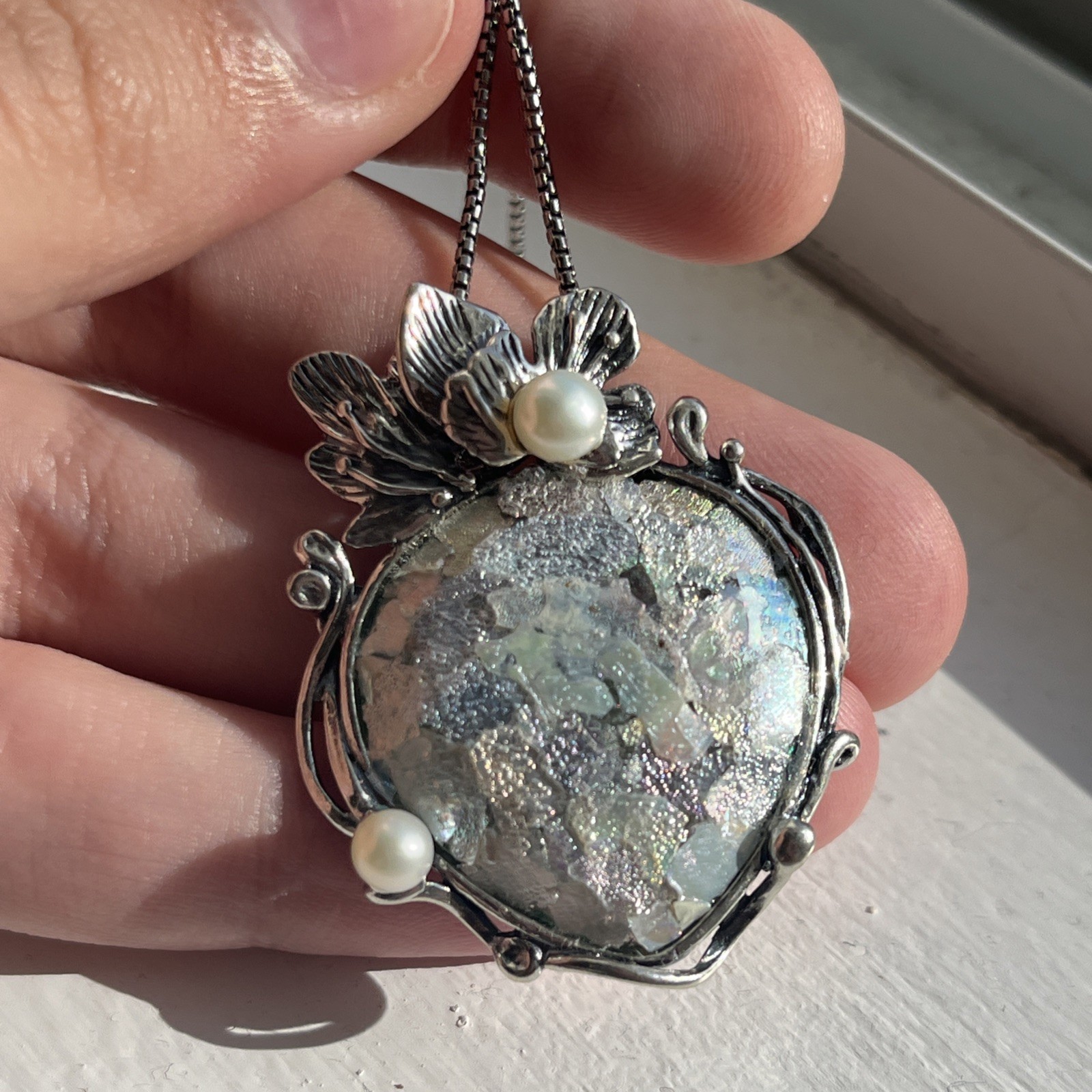 PAZ Creations Israel Blue Roman Glass Necklace 925 Sterling Silver