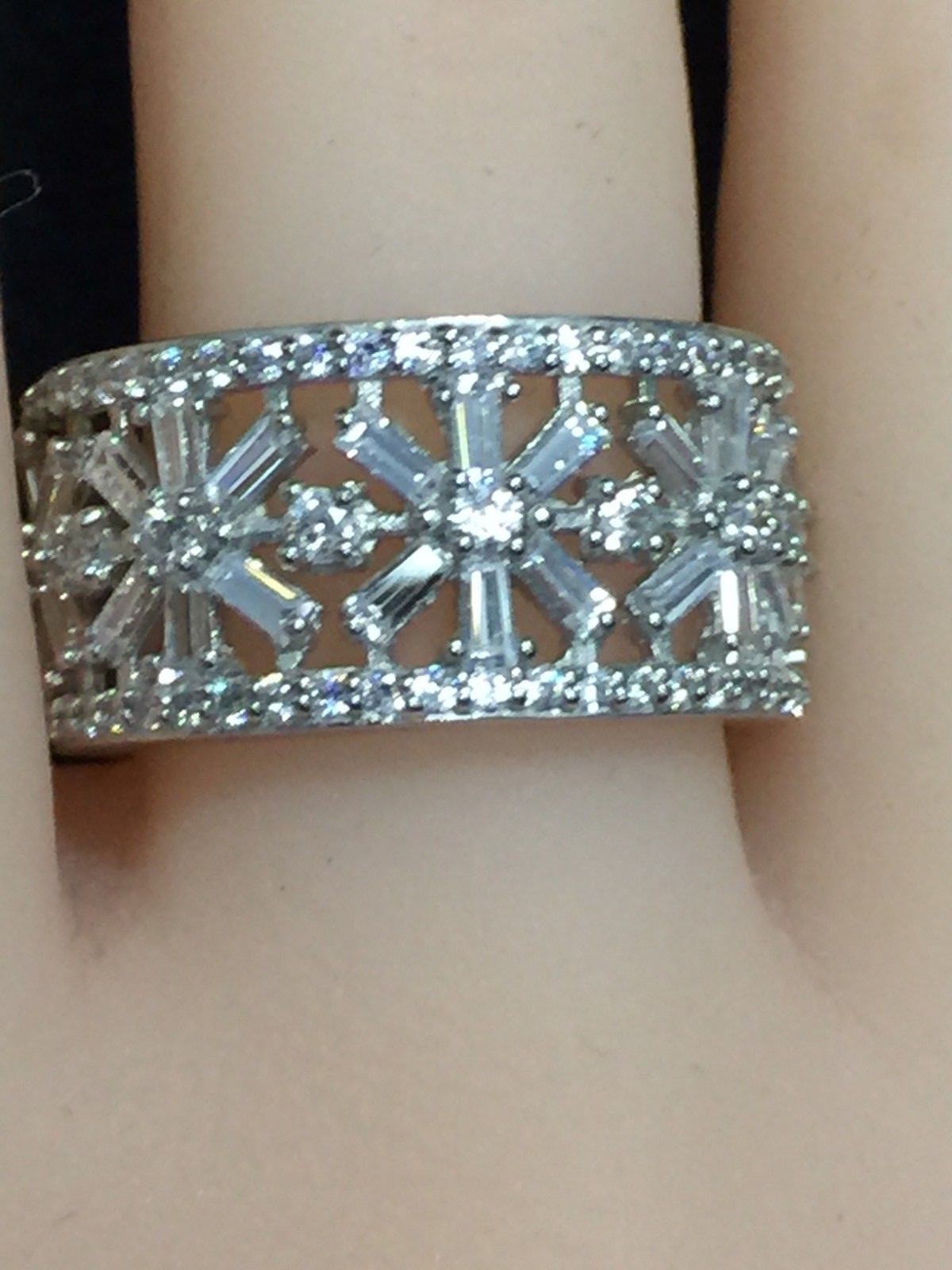Beautiful Round & Baguette Clear CZ Eternity Band Silver Rhodium Plated Size 7