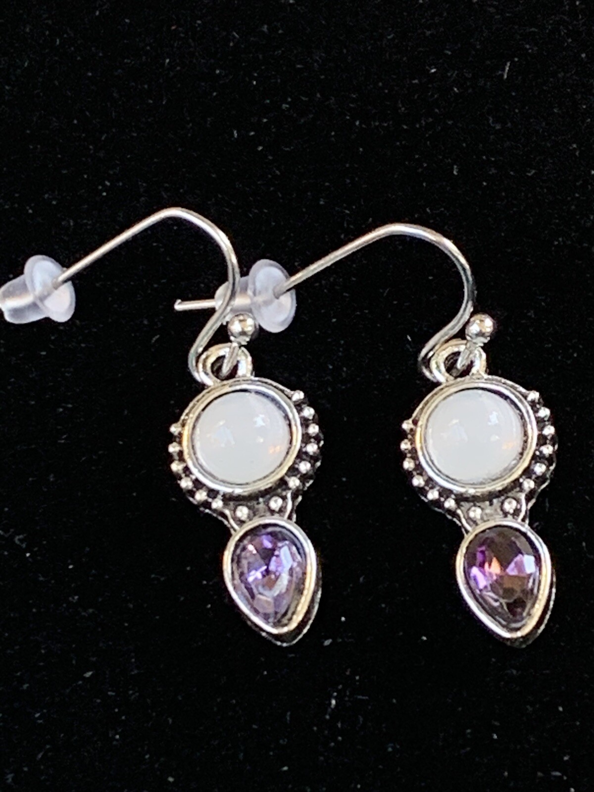 Beautiful Purple And White Stone Silver Colored Earrings