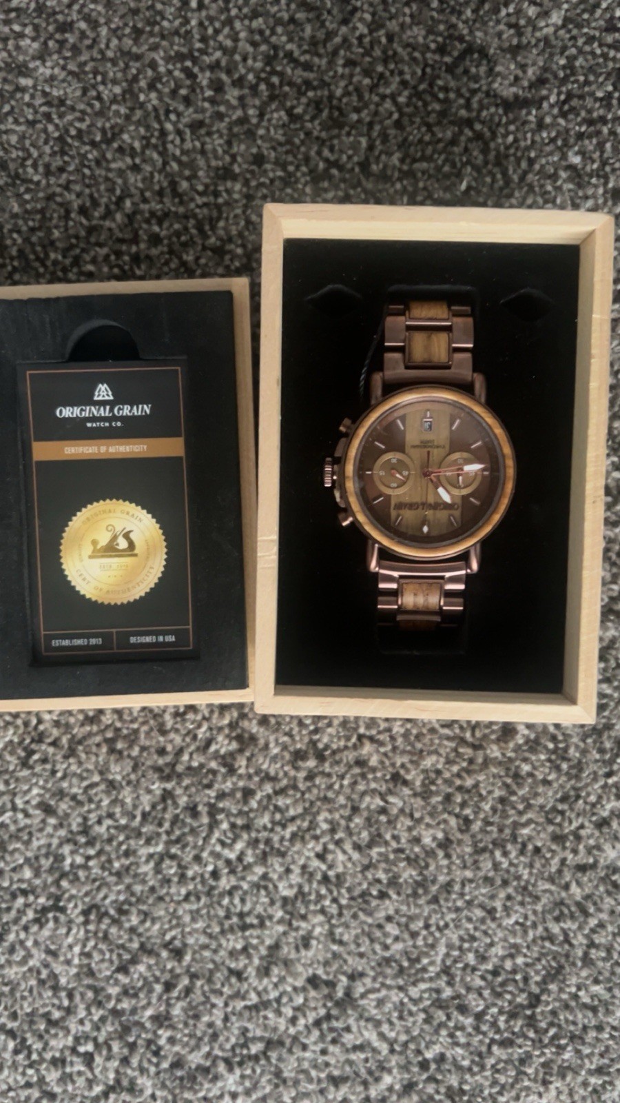 Original Grain Mens Chronograph Quartz Wood/Metal Brown Watch w/ Box & Papers